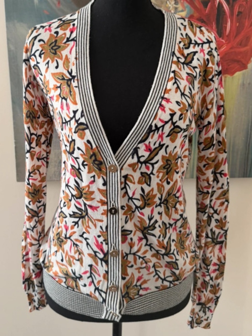 Tory Burch Floral V-Neck Button Cardigan - White Multi